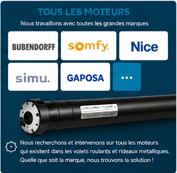 Moteur de volet roulant avec logos Bubendorff, Somfy, Nice, Simu, Gaposa et autres marques